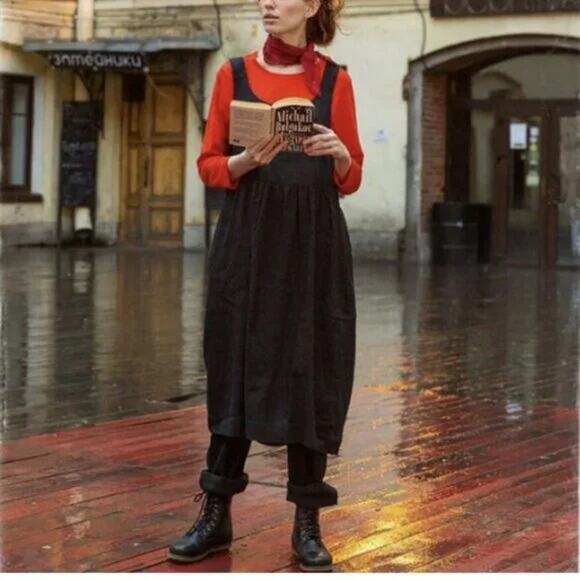 Gudrun Sjoden Dresses & Skirts - Gudrun Sjoden Balalaika Apron Midi Dress Linen Cotton Black